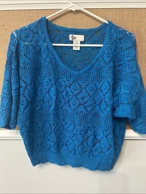 SO Bright Blue Open-Weave V-Neck Sweater